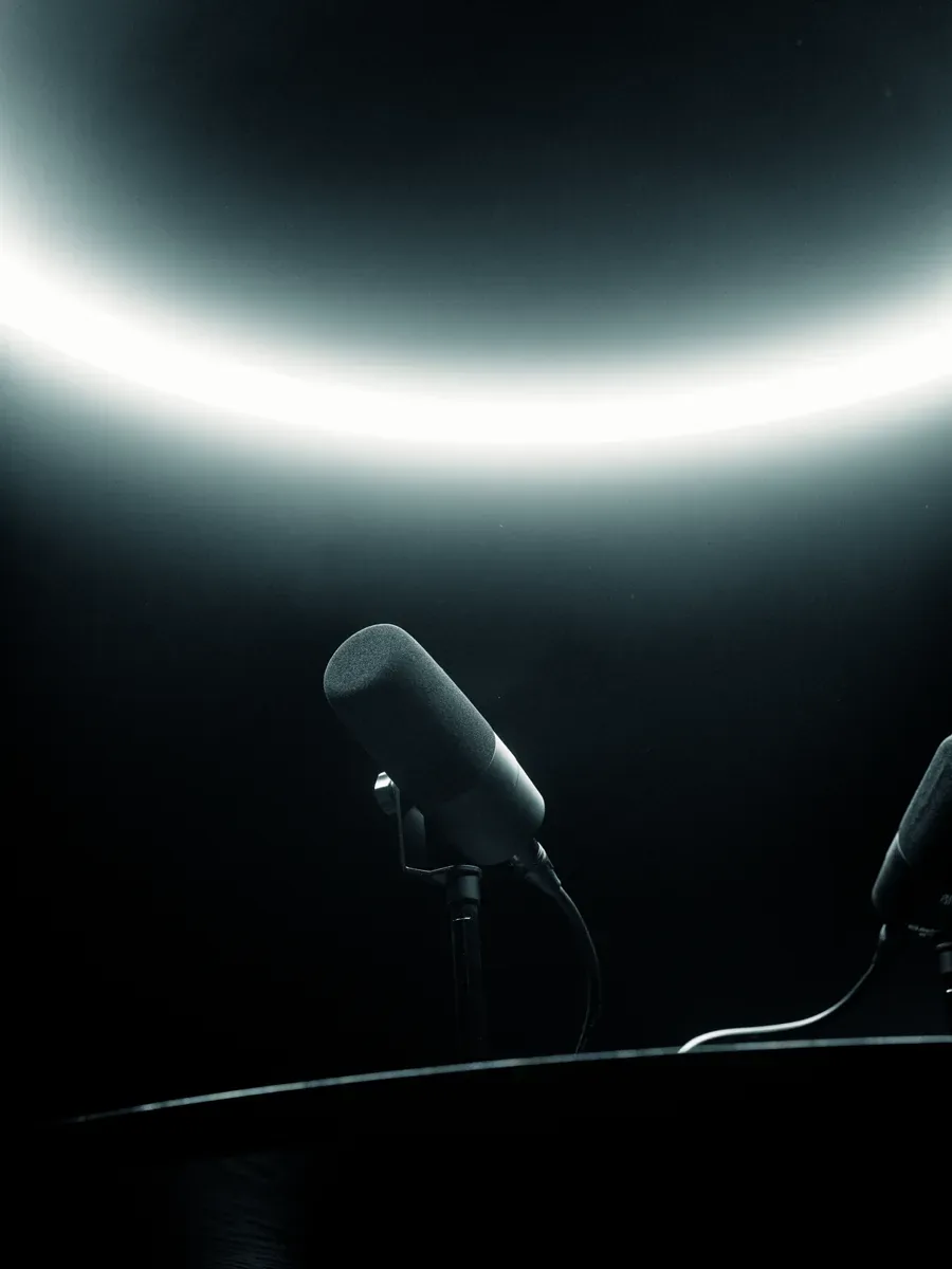 A microphone under the halo ring light in The Round Table