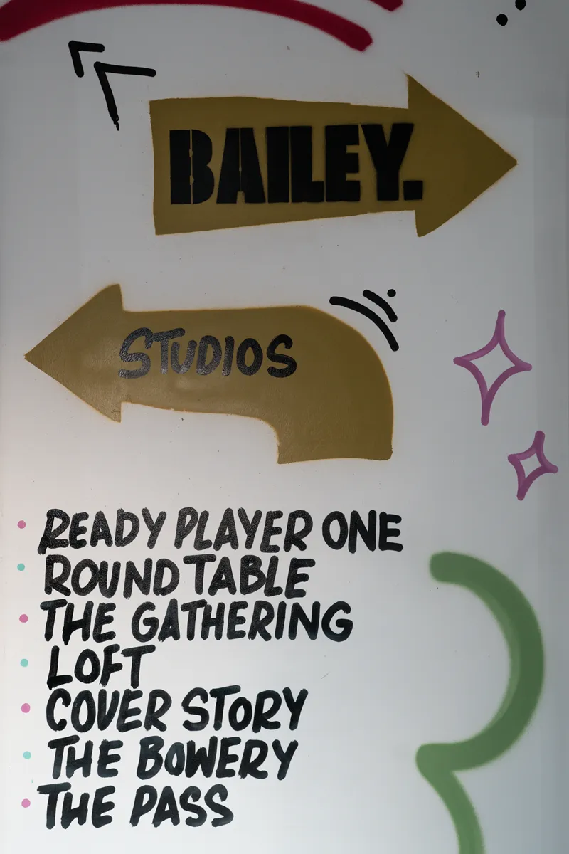 Hand-painted wayfinding wall listing the studios